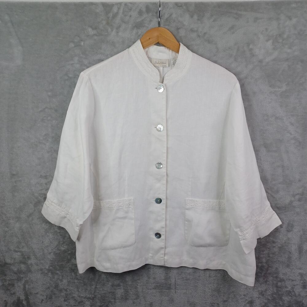 Studio Works Women 1X White 100% Linen Button Front Top Resort Travel Breathable